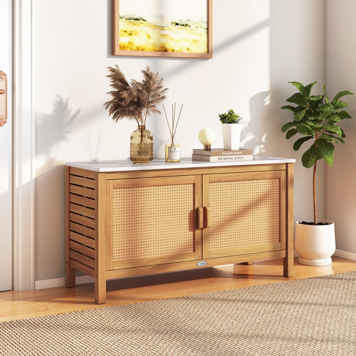 JV14262 43 x 16 x 24 in. Outdoor Acacia Wood Outside Tool Storage Cabinet with Fax Marble Top - Natural