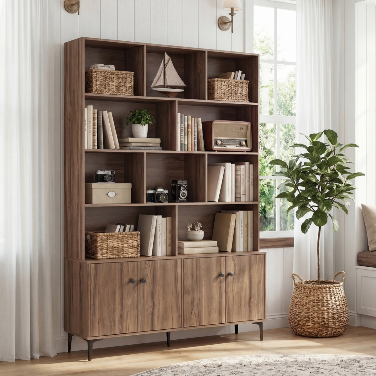 JV14269BN Bookshelf with 4 Doors & 2 Anti-Tipping Kits for Home Office - Walnut