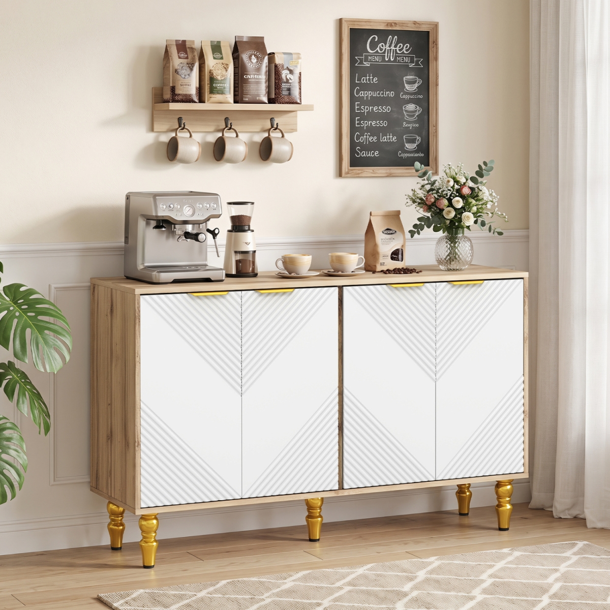 JV14399NA 47 in. Sideboard Buffet Cabinet with 4 Chevron Fluted Doors & Anti-Toppling Devices for Kitchen - Natural