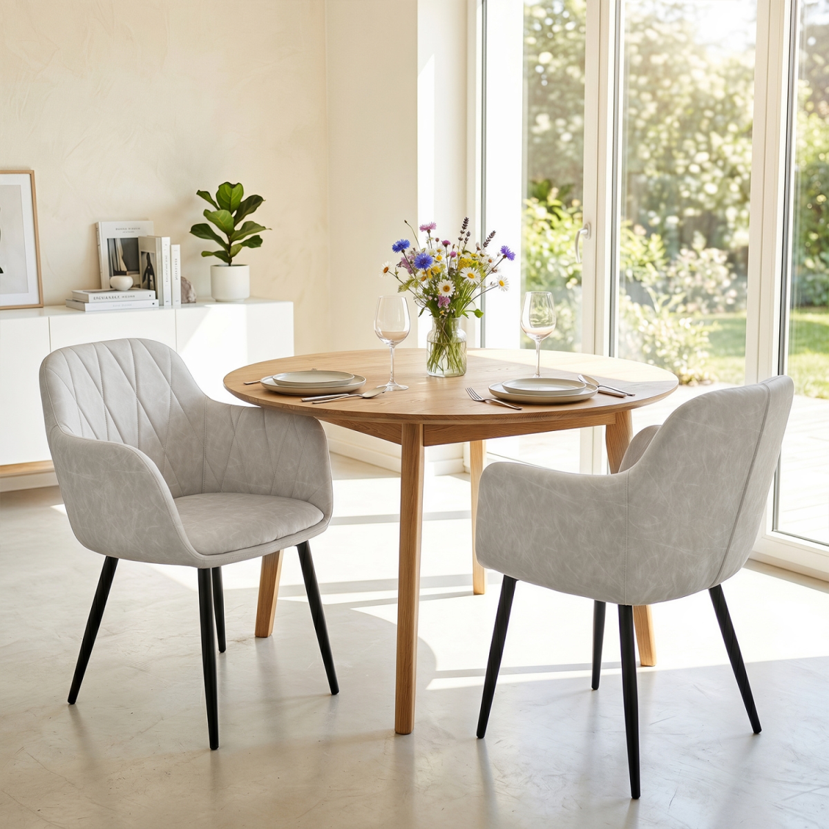JV14482WH-2 Upholstered PU Leather Kitchen Chairs with Curved Back & Wide Seat - White - Set of 2