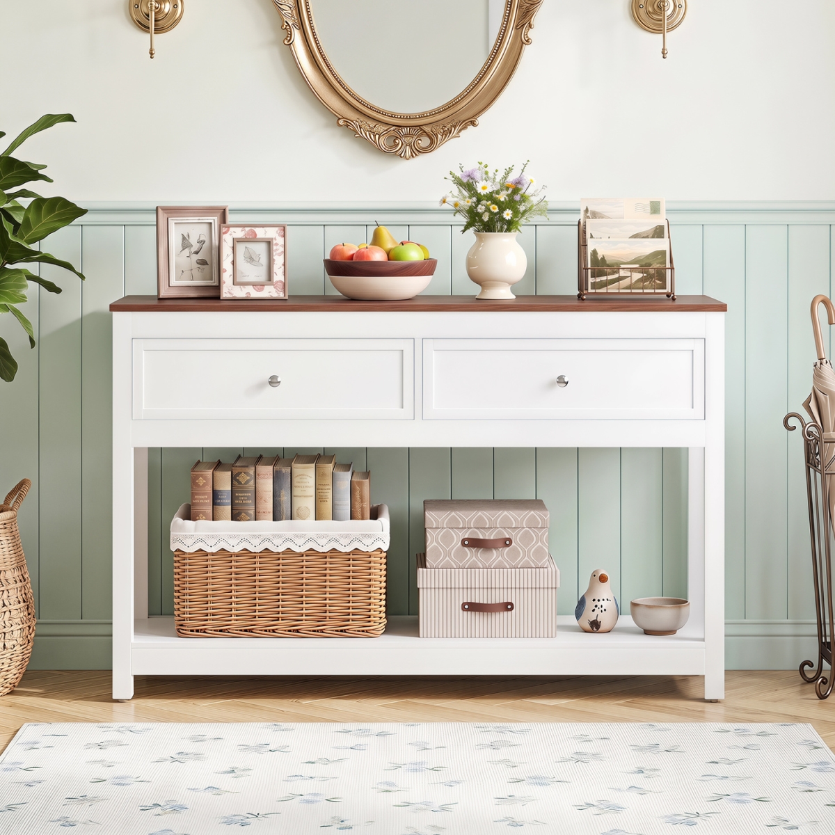 JV14540WH Farmhouse Console Table with 2 Drawers & Open Storage Shelf - White