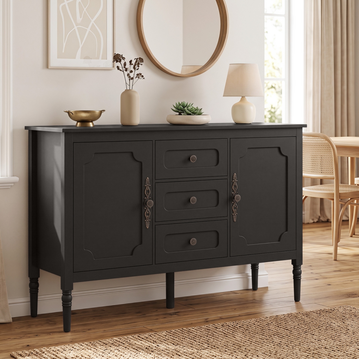 JV14560CF 47 in. Vintage Buffet Cabinet with 3 Drawers 2 Cabinets & Adjustable Shelves for Dining Room - Brown