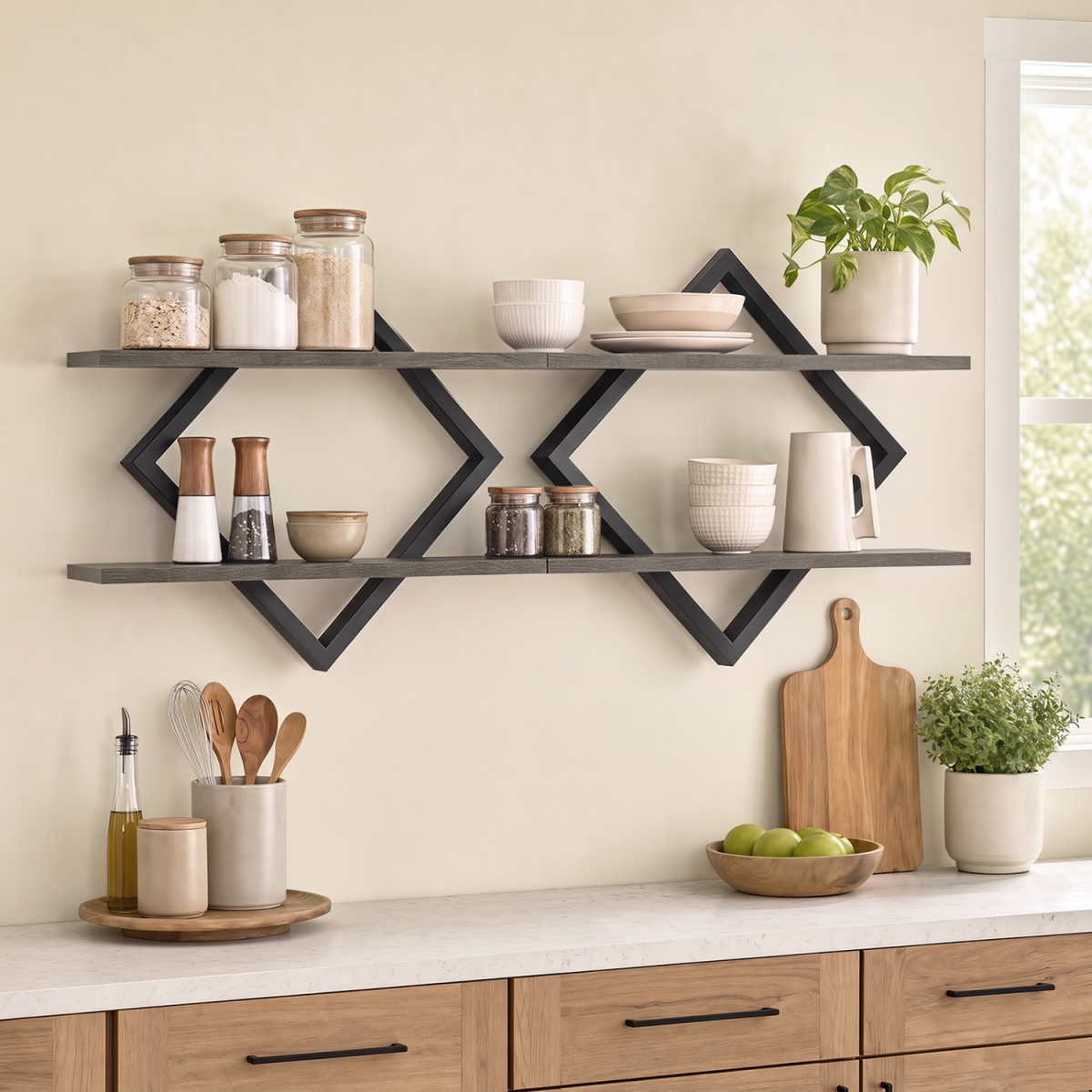 JV14565TY-OA Metal Floating Shelves for Wall with Geometric Frame - Gray Oak - Set of 2