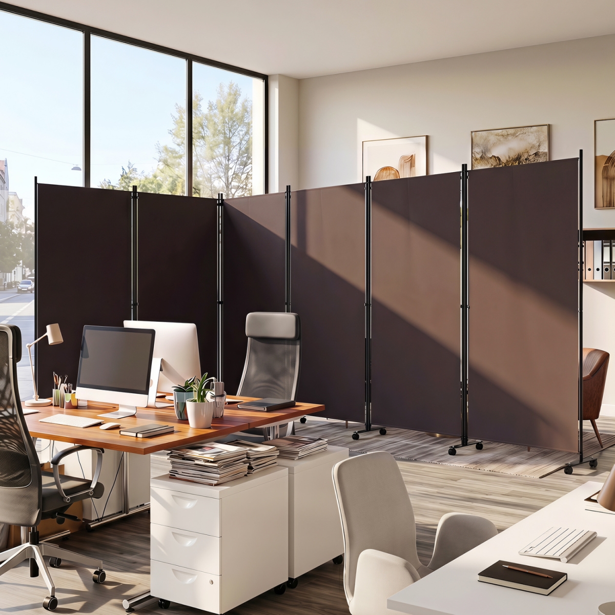 JV14585CF 6 Panel Folding Privacy Screen Room Divider with Wheels - Coffee