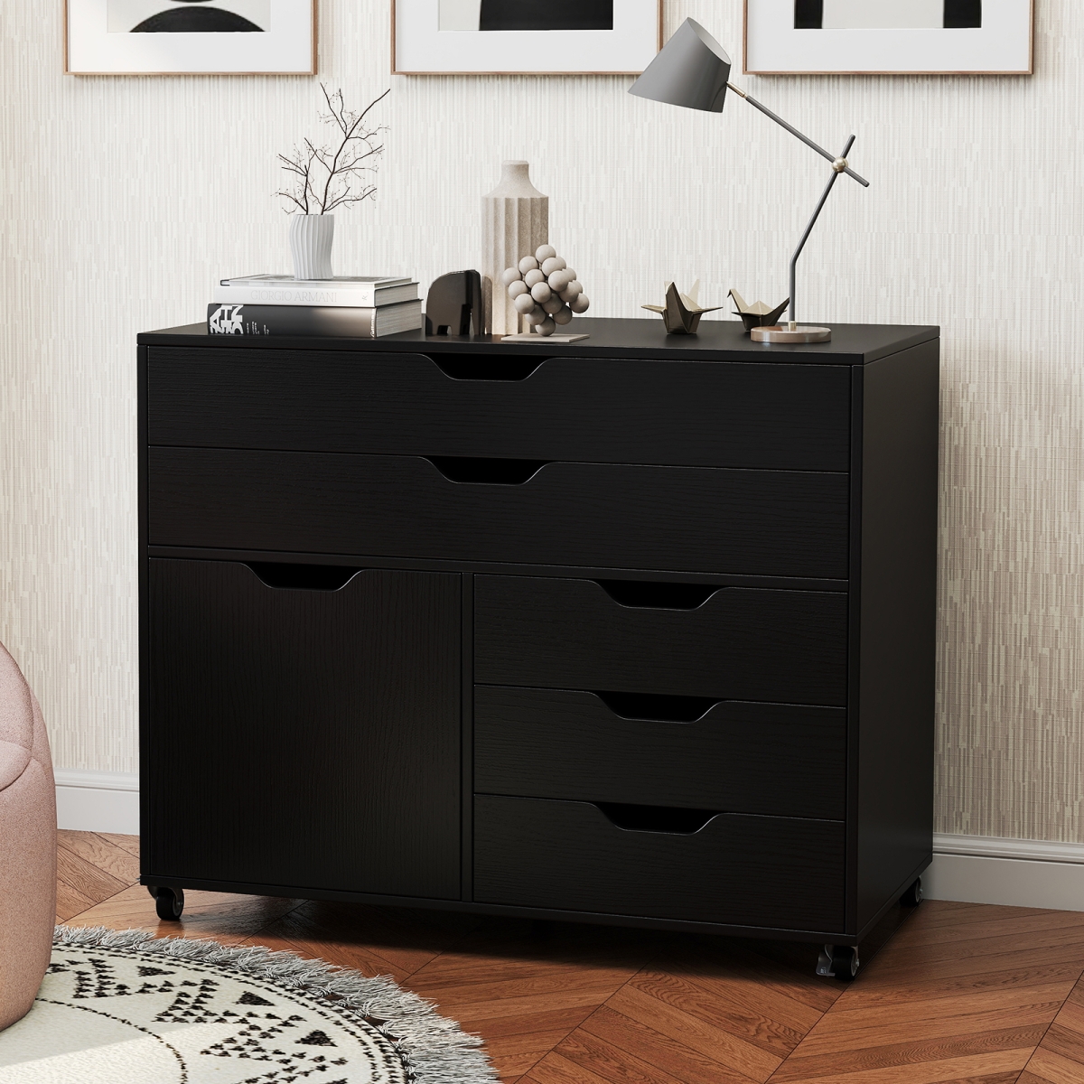 JZ10295DK Modern Vertical 5-Drawer Mobile Chest with Door 5 Casters - Black