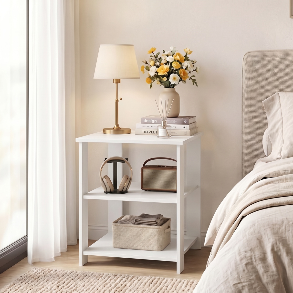 JZ10536WH-1 3-Tier Modern Nightstand Square Side Table with Open Storage Shelves - White