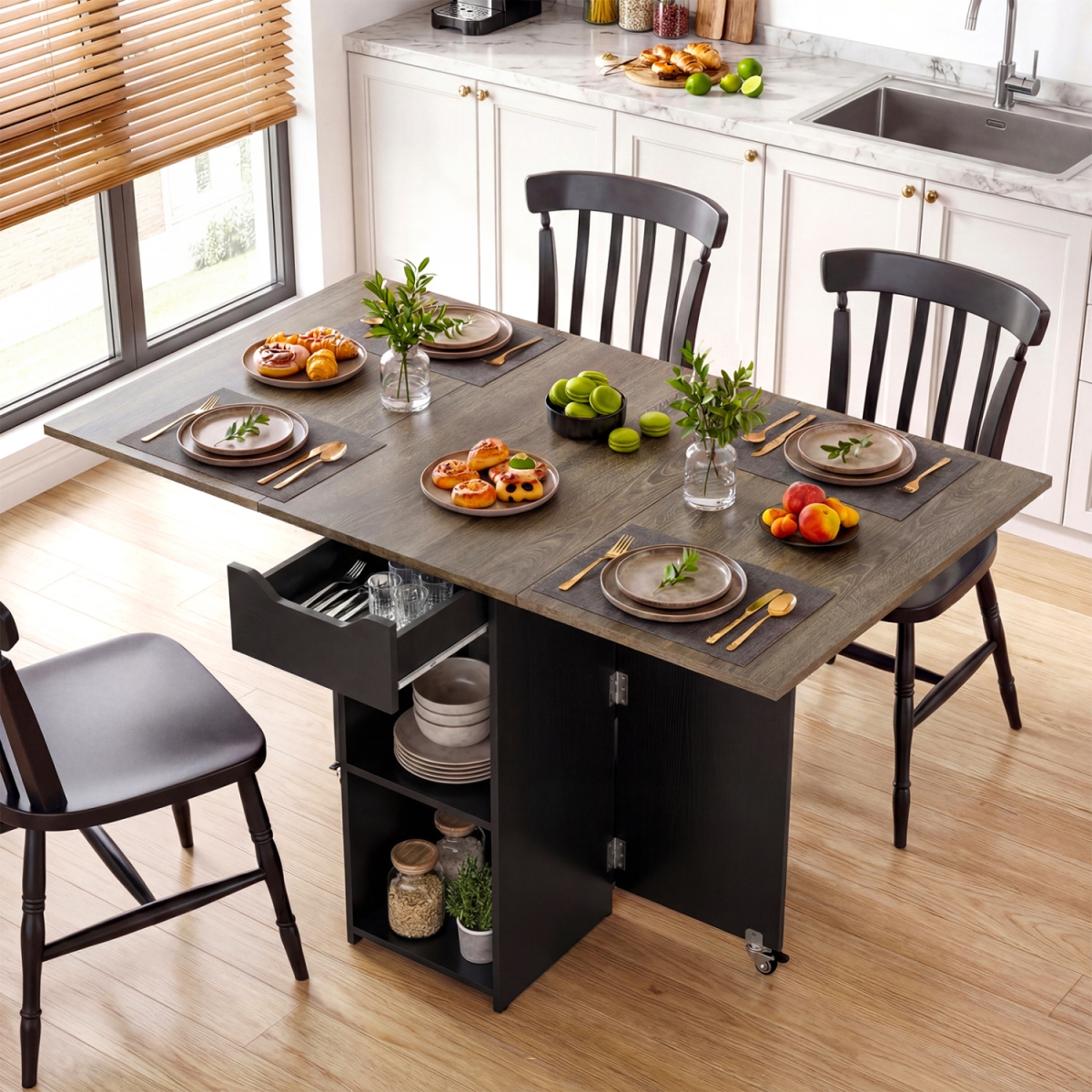KC58820OA 47.5 in. Farmhouse Extendable Wooden Dinner Table with Lockable Wheels - Oak