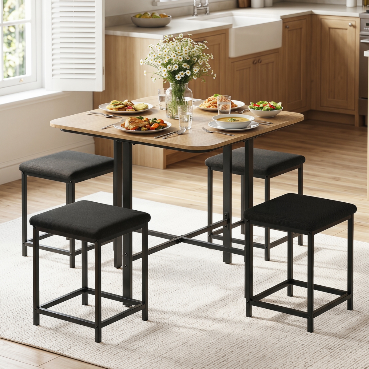 KC59381NA- Dining Table Set with 4 Upholstered Stools & Metal Frame - Natural