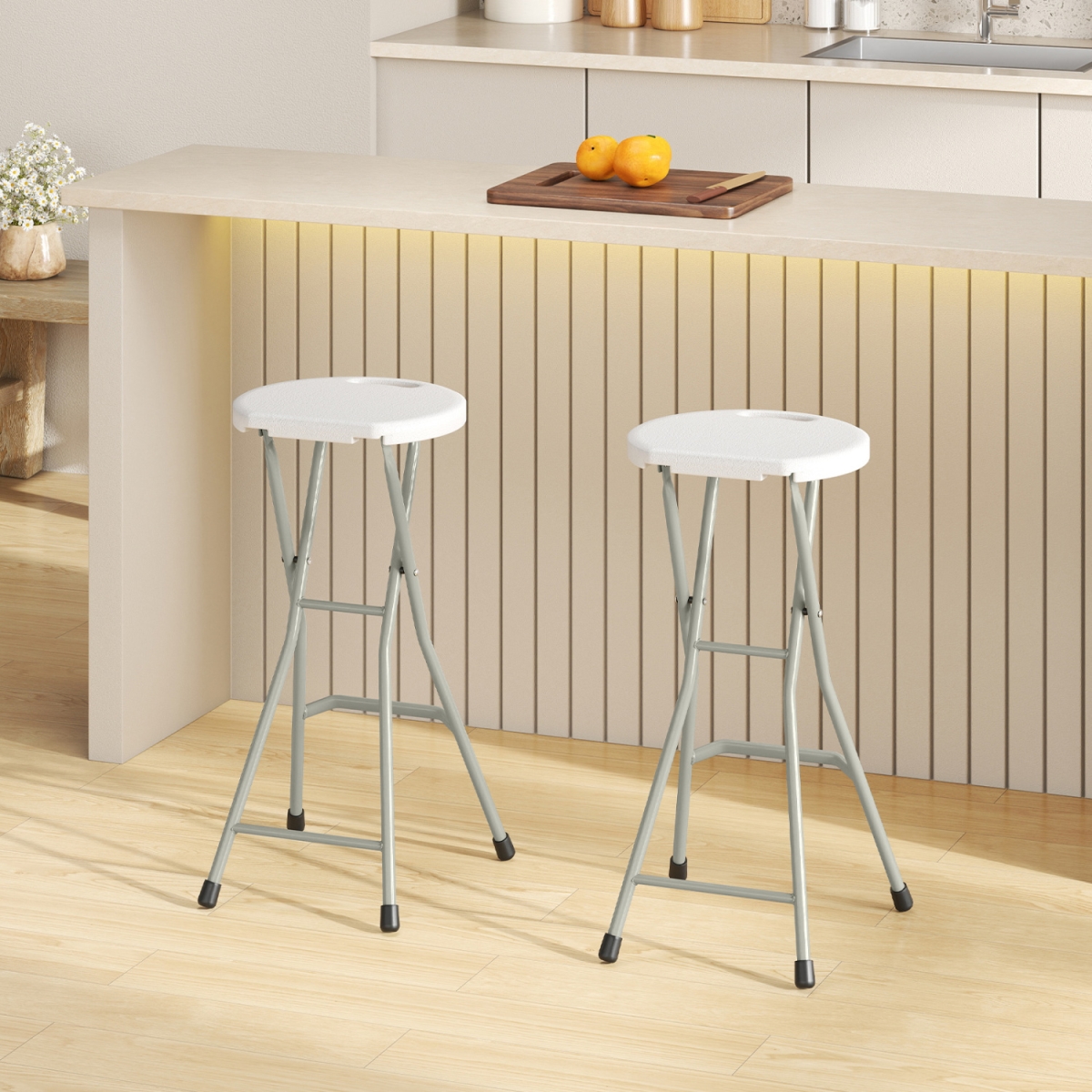 NP10294WH-2 28 in. Portable Folding Stools Patio Dining Chairs with 330 lbs Limited Sturdy Frame - Black & Silver - Set of 2