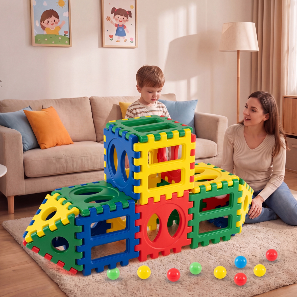 TU10012 Oversized Waffle Block Set with 10 Ocean Balls Easy-to-Use Grid Building Toys - Multi Color - 32 Piece