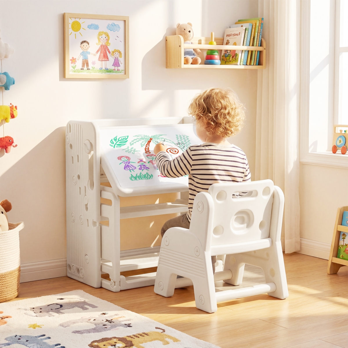 UY10257WH Kids Writing Desk & Chair Set with Side Bookshelves - White
