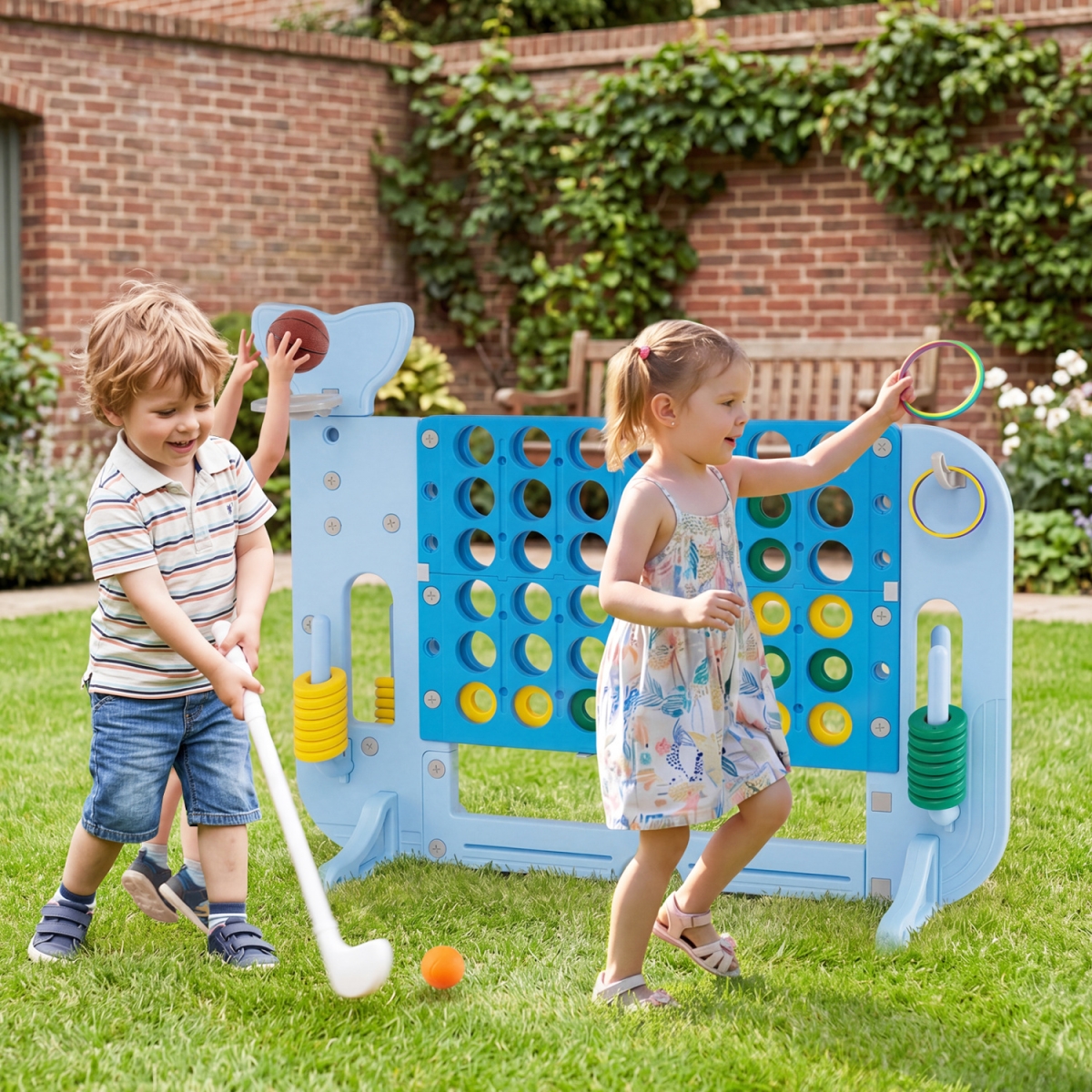 UY10275BL Giant 4-to-Score Game Set Jumbo Connect Four Game with Ring-Toss - Blue