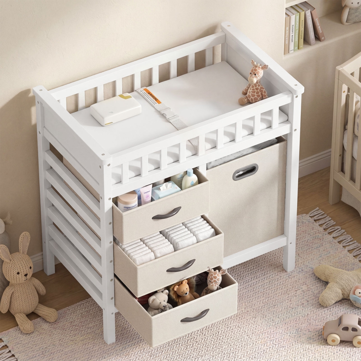 AC10047BE Wooden Baby Changing Table Diaper Changing Station with 3 Fabric Storage Drawers - Beige