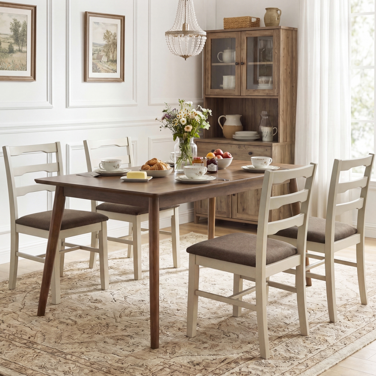 2-KC59570SW-2 Linen Style Upholstered Dining Chairs with Wood Frames - White - Set of 4