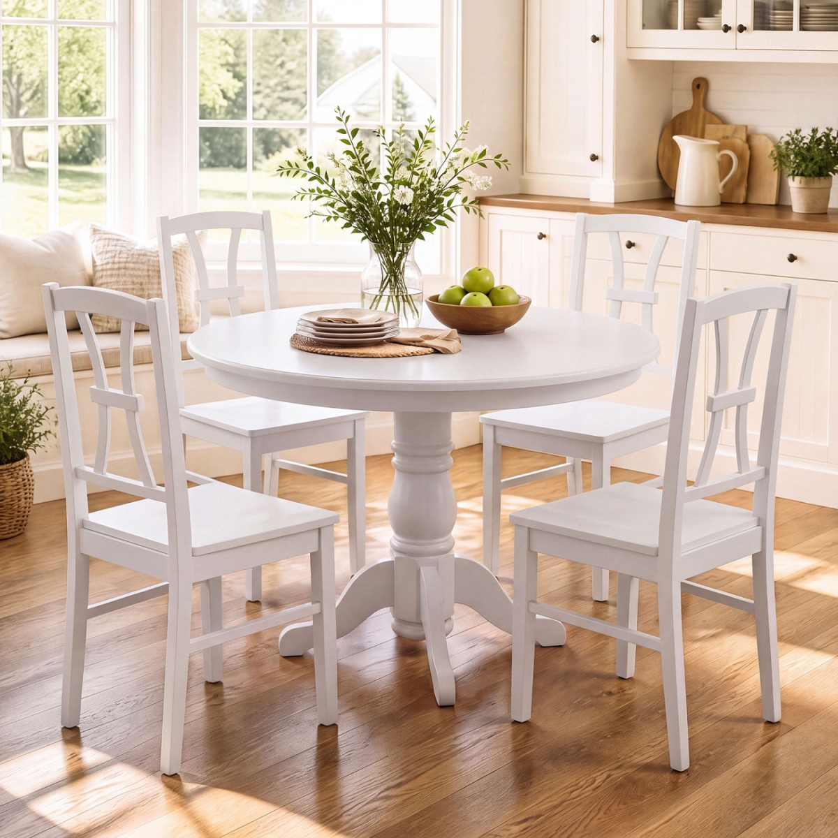 2-KC59769WH-2 400 lbs Capacity Dining Chair with Cross Backrest & Rubber Wood Frame - White - Set of 4