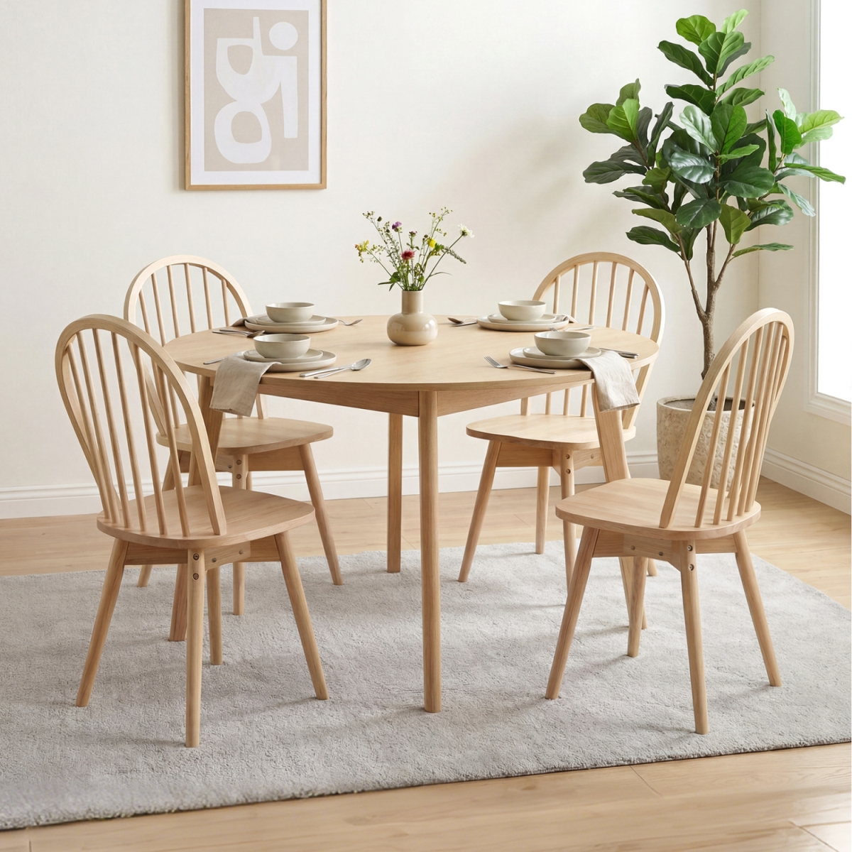 2-JV14206NA-2 Swivel Windsor Dining Chairs with Solid Rubber Wood Frame - Natural - Set of 4