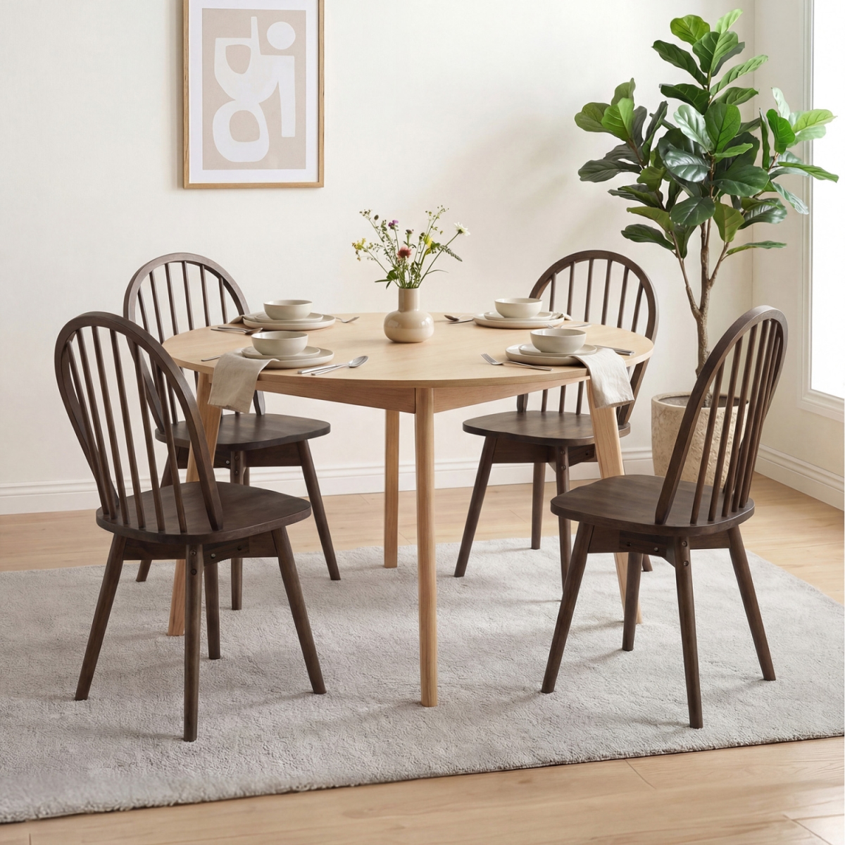 2-JV14206WN-2 Swivel Windsor Dining Chairs with Solid Rubber Wood Frame - Walnut - Set of 4