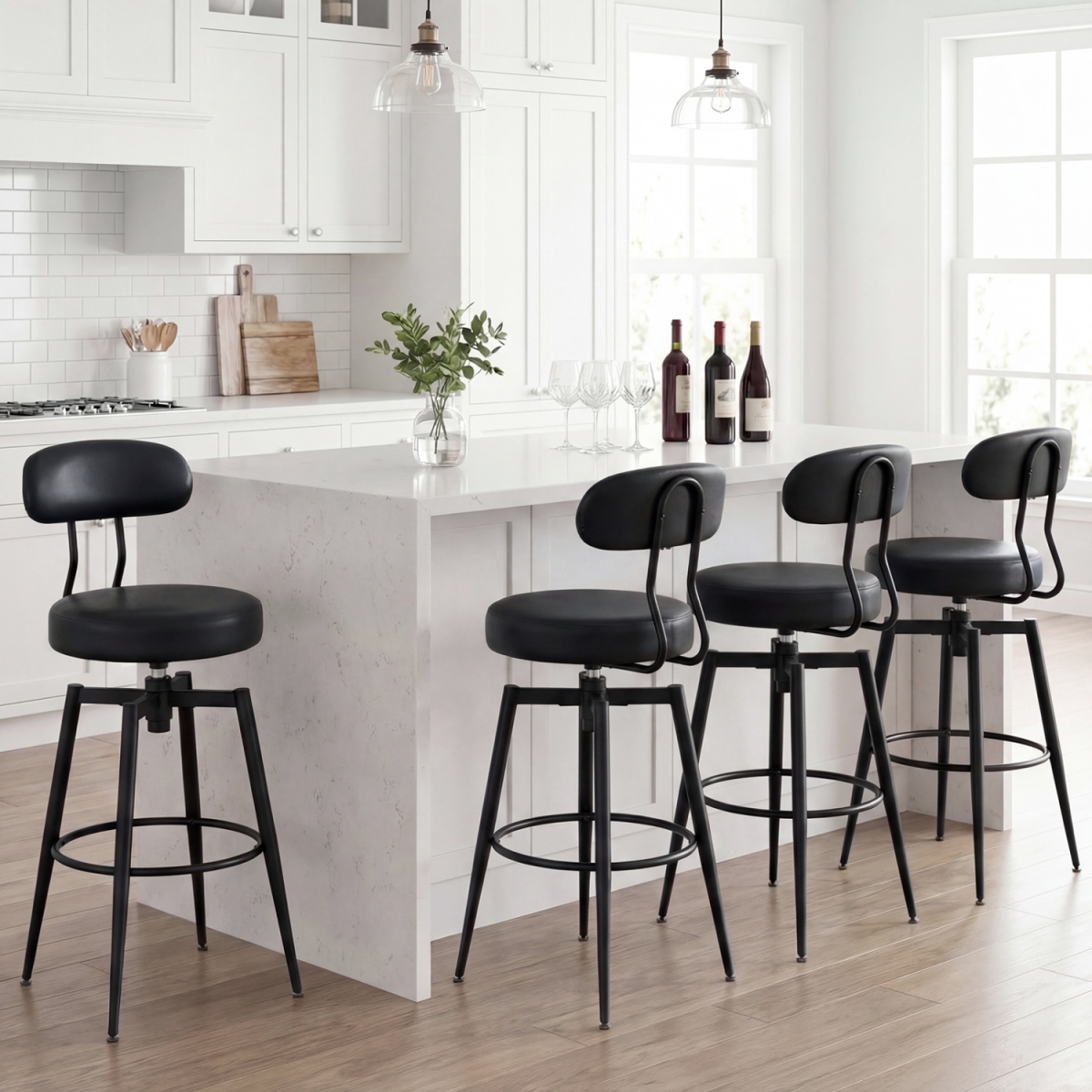 2-JV14248DK-2 Swivel Barstools Faux Leather with Upholstered Seat & Back - Black - Set of 4