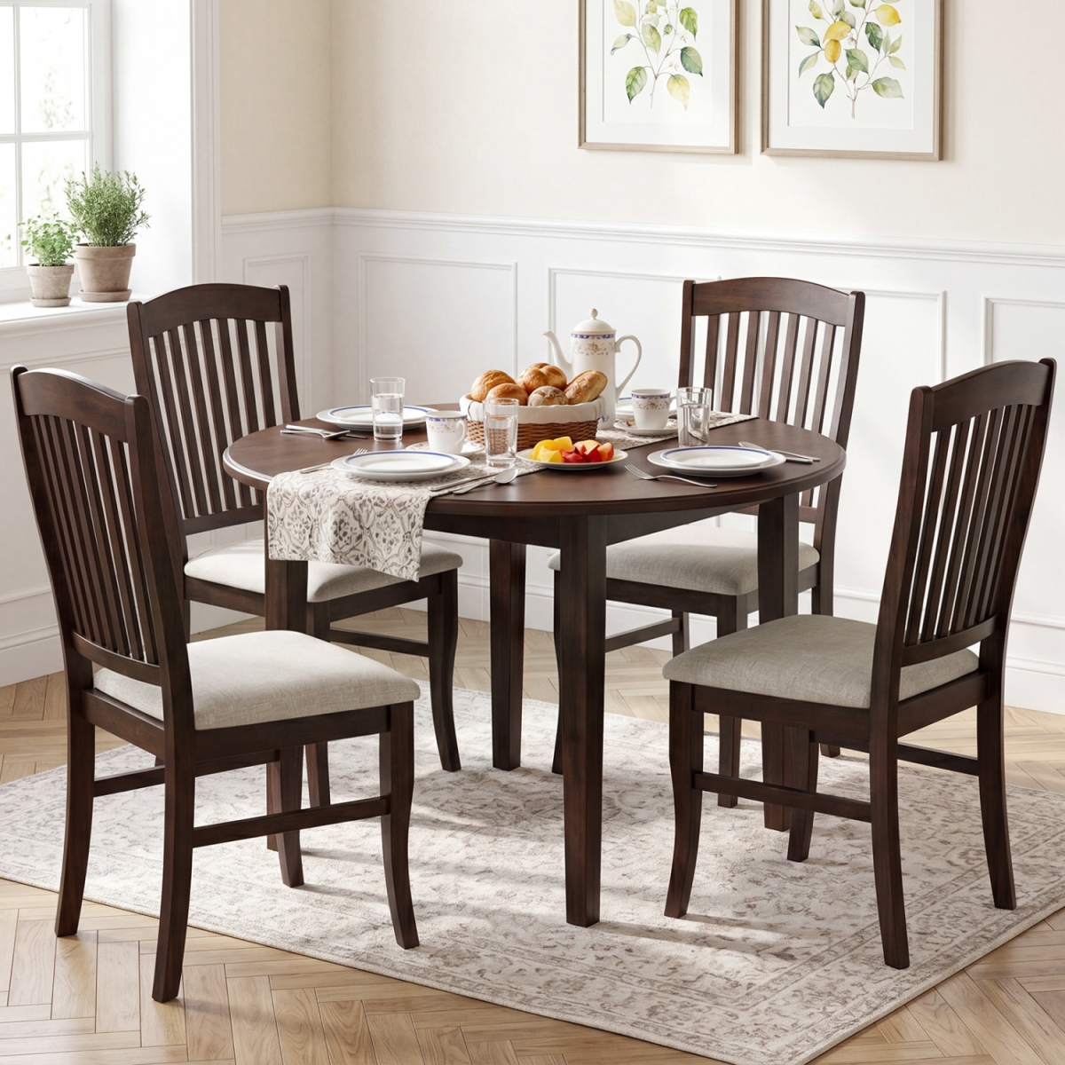 2-KC58227BN Kitchen Side Chairs with Rubber Wood Frame & Comfy Padded Seat - Brown & White - Set of 4