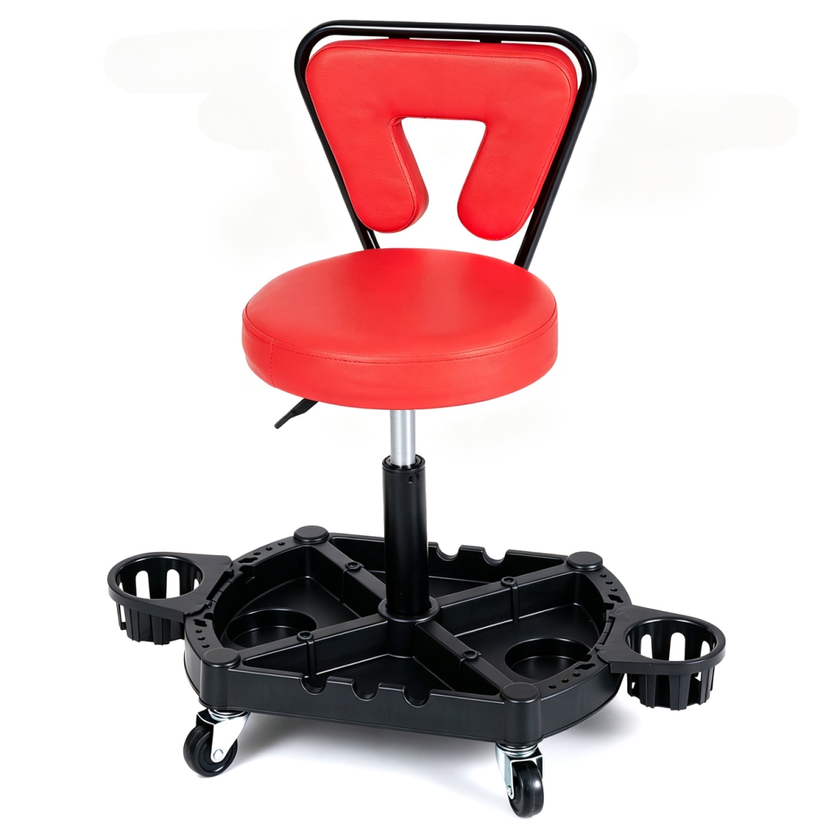 AU10111RE Rolling Garage Mechanic Stool with Tool Tray Storage & Padded Seat 330 lbs - Black & Red