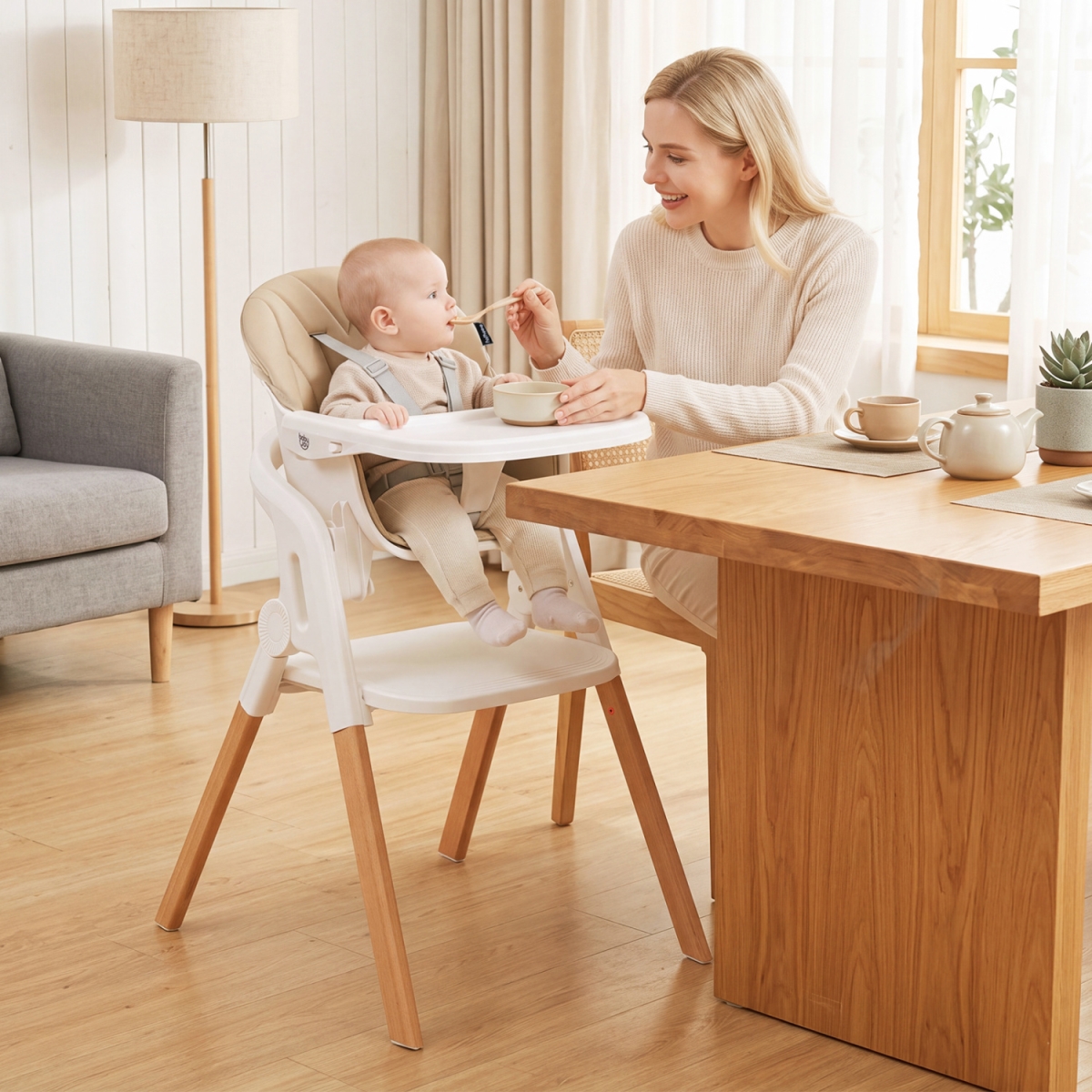 AD10117BE 7-in-1 Convertible Foldable Baby High Chair with Adjustable Tray for Kids - Beige