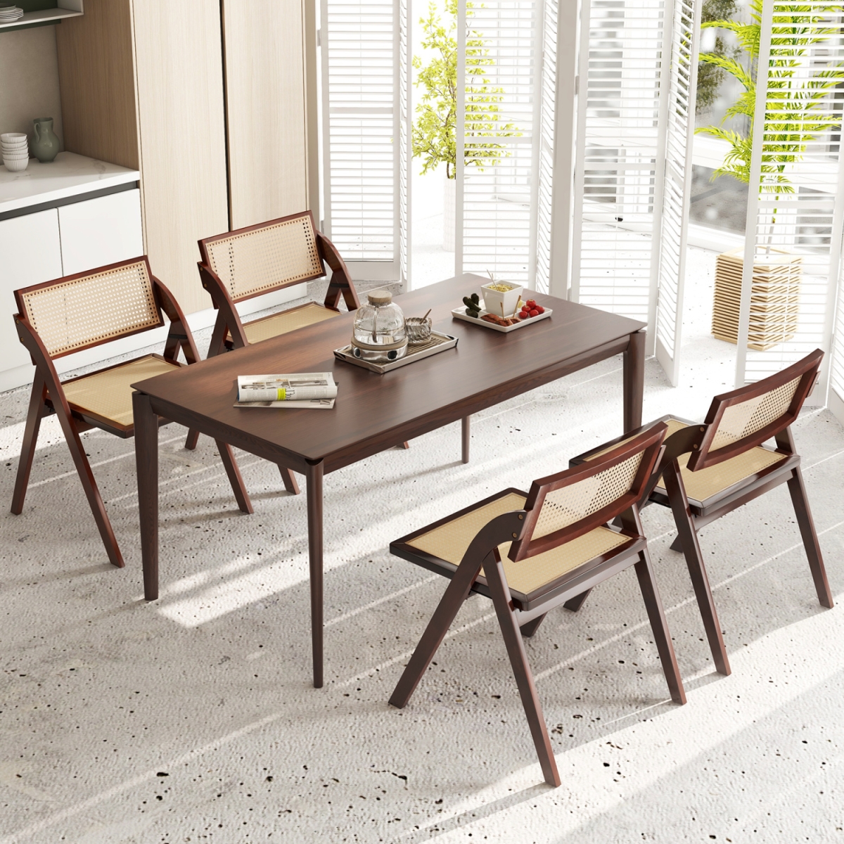 2-JV14407BN Foldable Dining Chairs with Woven Rattan Backrest - Brown - Set of 4