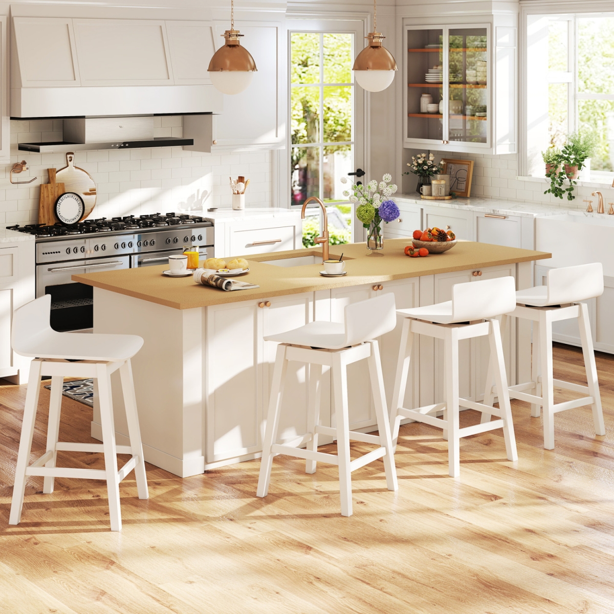 2-KC57847BS 24.5 in. Swivel Wooden Bar Stools with Rubber Wood Legs & Low Back - White - Set of 4