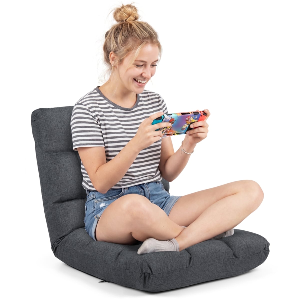 2-HV11077BT-GR 14-Position Adjustable Floor Chair for Adults with Back Support & Comfy Cushion - Gray