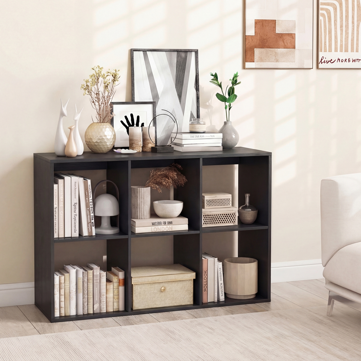 CB10751DK 6 Cube Bookshelf with Back Guardrail for Living Room Bedroom - Black