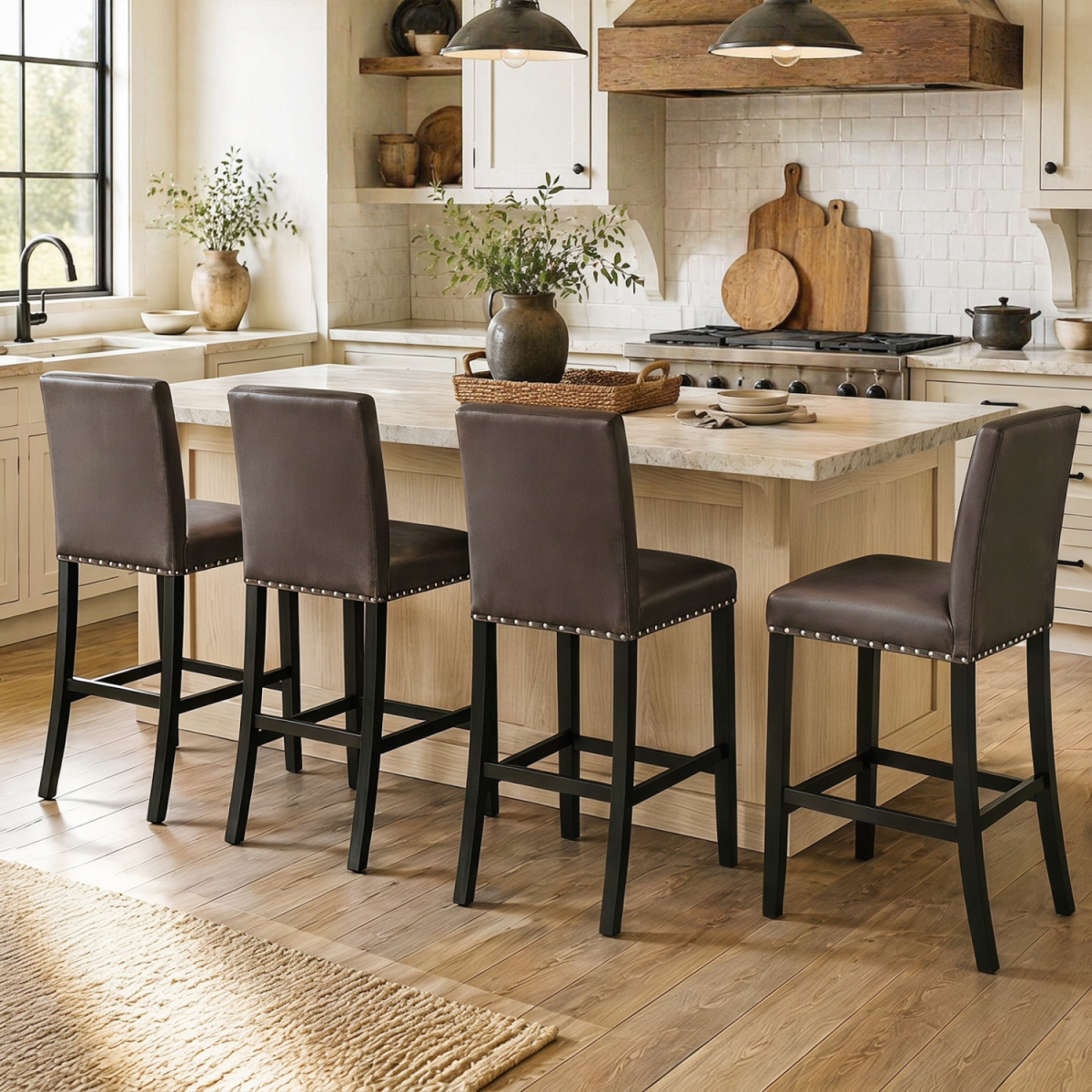 2-JV10572ZS Bar Stools with Back for Kitchen Island - Brown - Set of 4