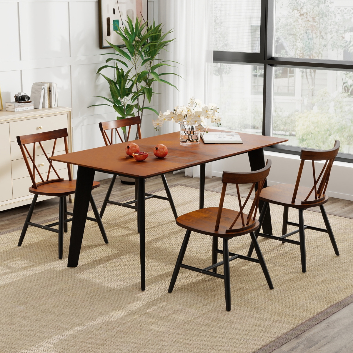 2-JV12282HS Dining Chairs with Rubber Wood Frame & Curved Cross Back - Dark Brown - Set of 4