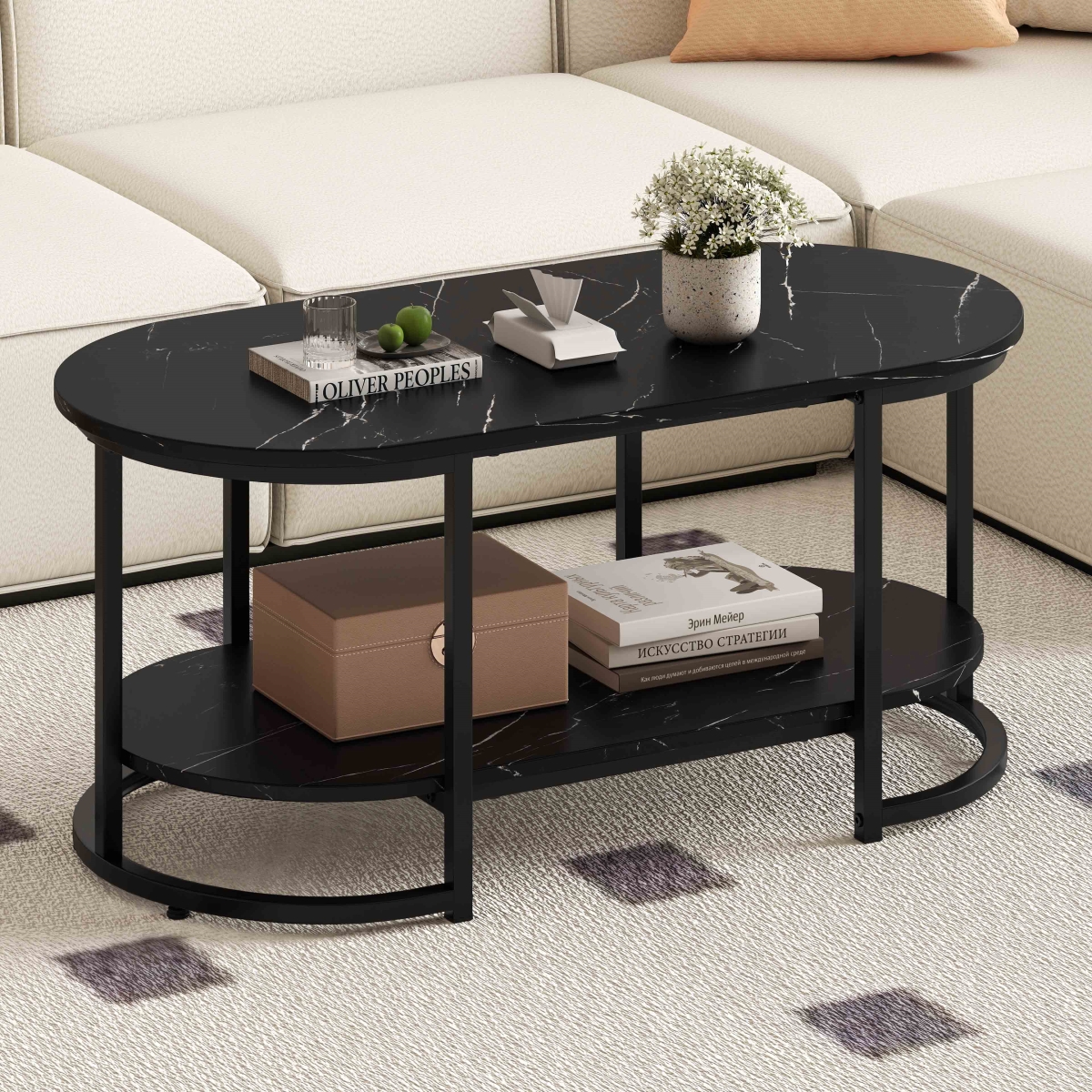 JV11234BK Marble Coffee Table with Open Storage Shelf - Black