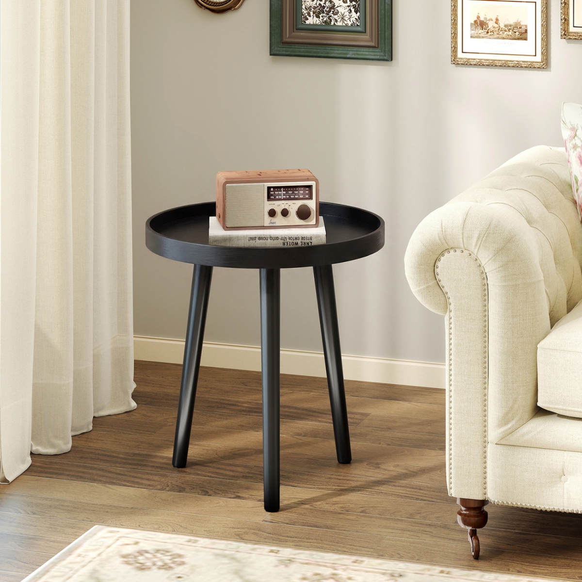 JV11978DK Mid Century Modern Round Side Sofa Coffee Table with Wooden Tray - Black