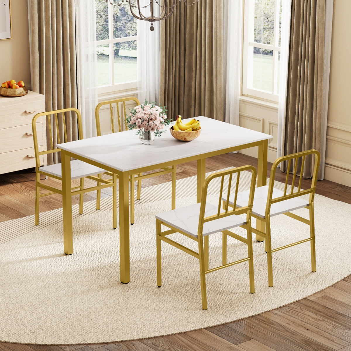 JV12325WH-12 Dining Chairs with Slatted Backrest & Metal Frame & Wooden Seat - White - Set of 4