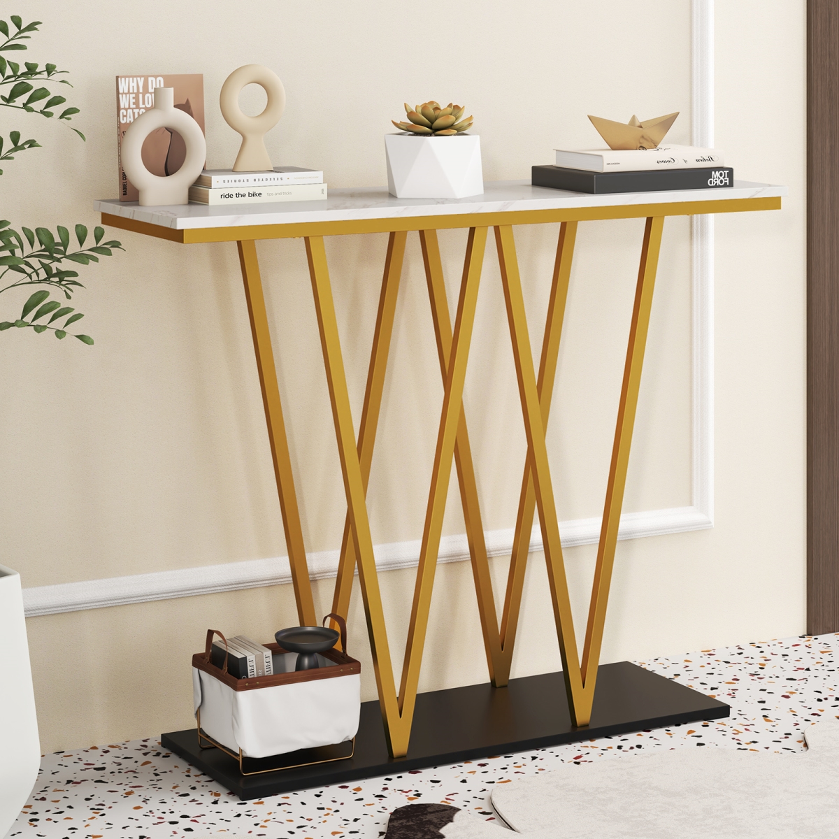 JV12416WH Entryway Table 40 in. Modern Console Table with Faux Marble Table & Metal Frame - White & Gold
