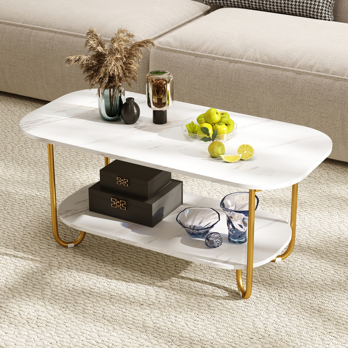 JV12418WH Modern 2-Tier Faux Marble Top Coffee Table - White