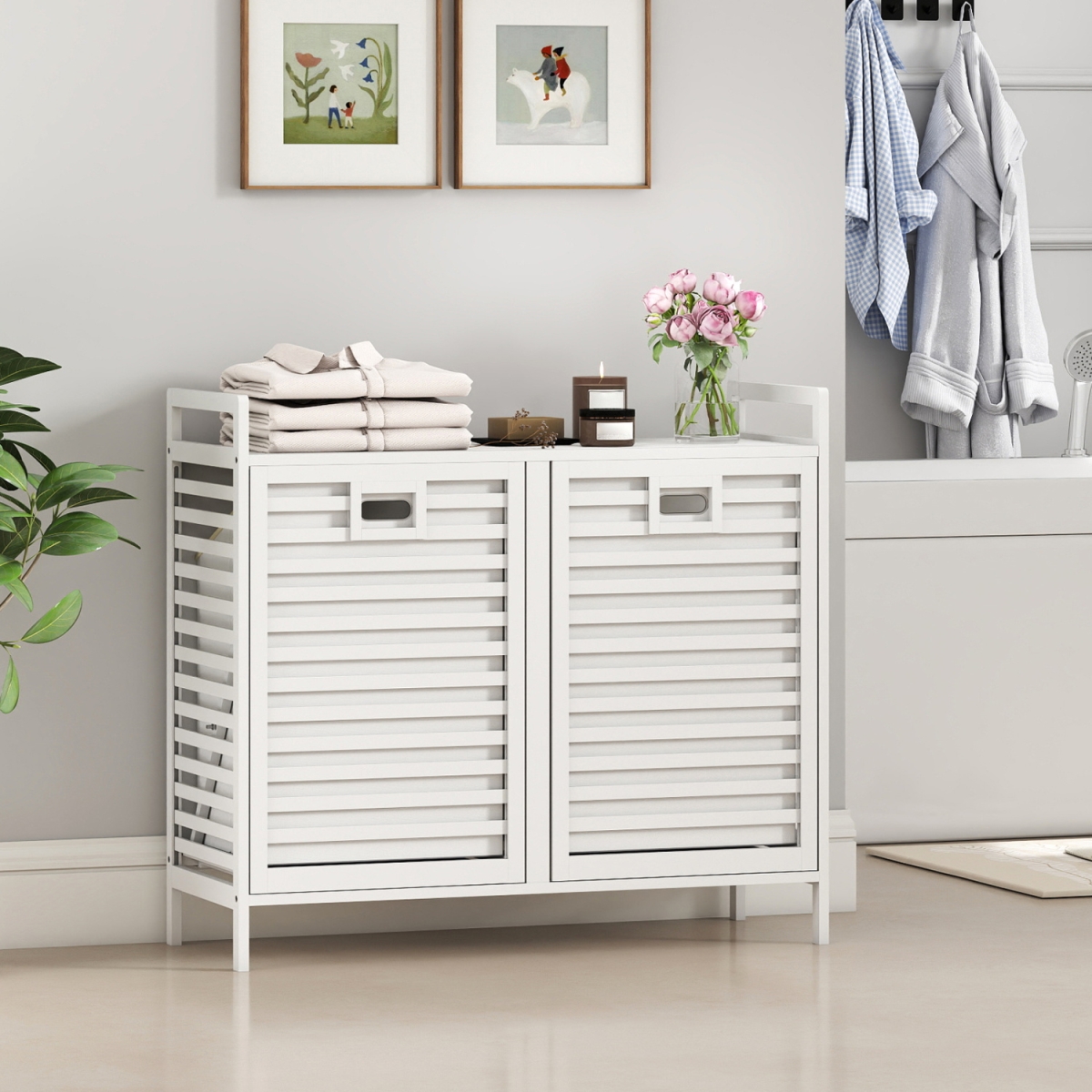 JV12471WH Double Tilt-Out Laundry Hamper with 2 Removable Bins - White