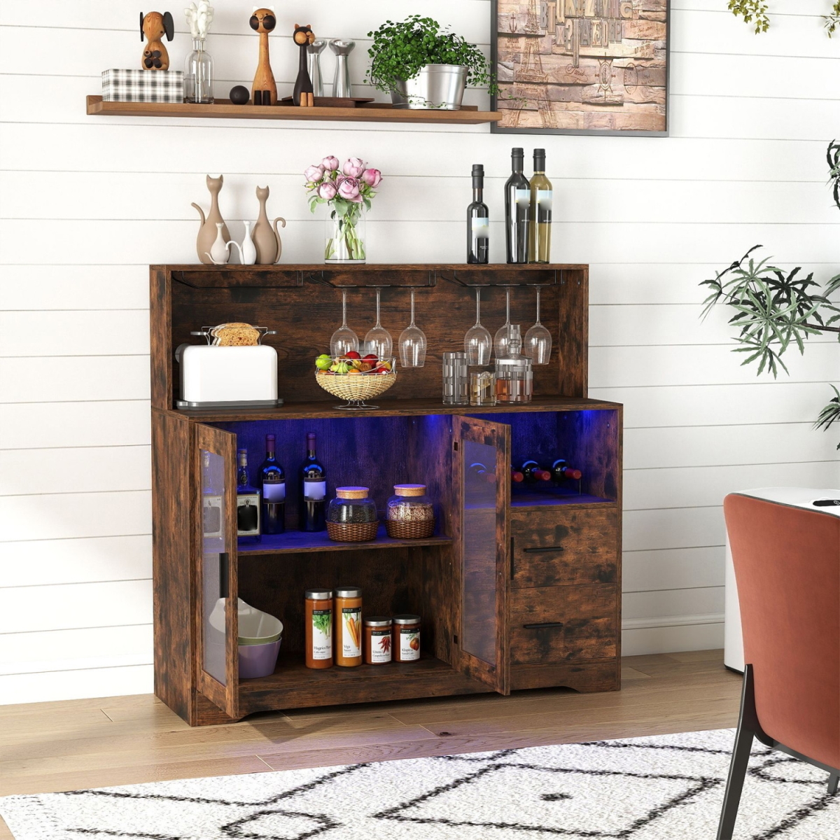 JV12591USCF- Wine Bar Cabinet with LED Lights & Charging Station - Rustic Brown