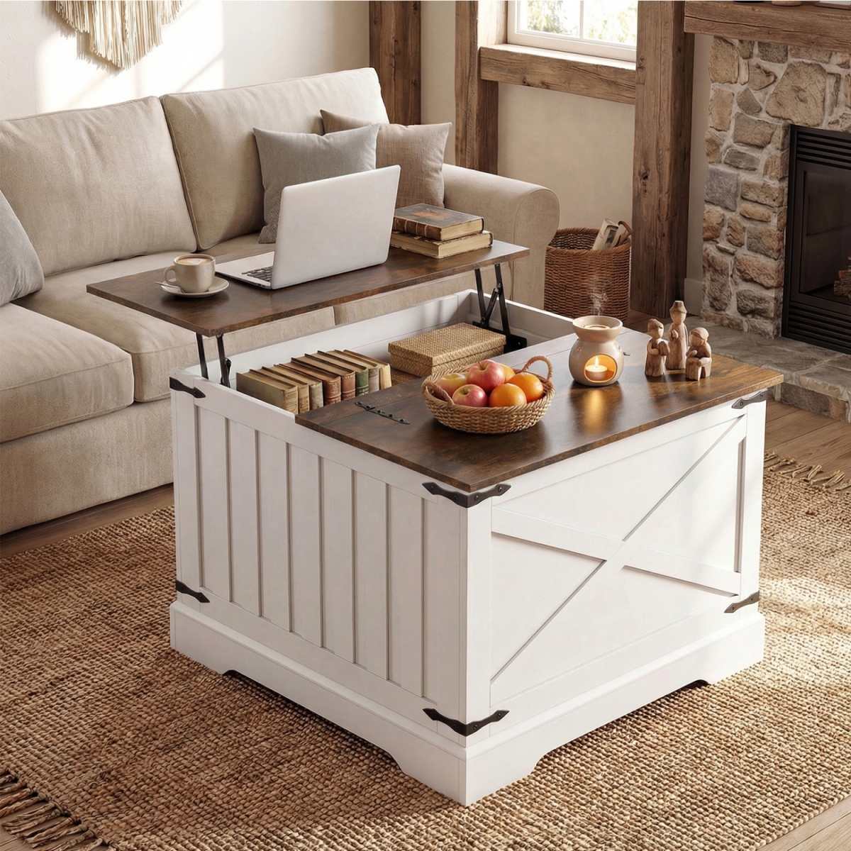 JV12691CF Farmhouse Lift Top Coffee Table with Hidden Storage Compartment - Rustic Brown