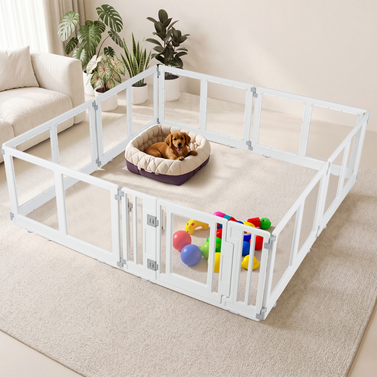 PW10198WH-8 Plastic Dog Playpen with Secure Locking Door - Clear - 8 Panel