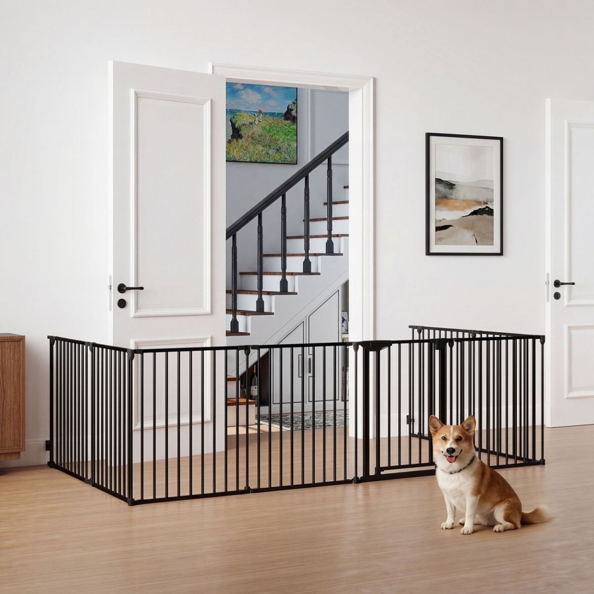 BE10066DK 8-Panel Extra Wide Baby Gate Adjustable Pet Safety Fence with Auto-Close Door - Black