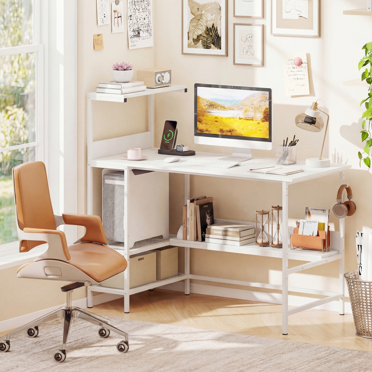 CB11111US-WH 48 in. Computer Desk with Power Outlets & Storage Shelves - White