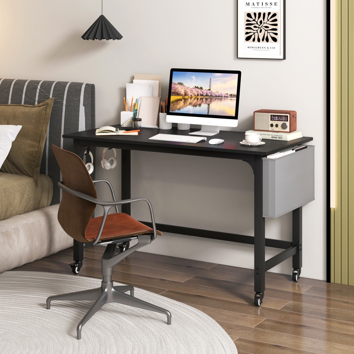 CB11202DK Rolling Computer Desk with Headphone Hooks & Lockable Wheels for Home Office - Black