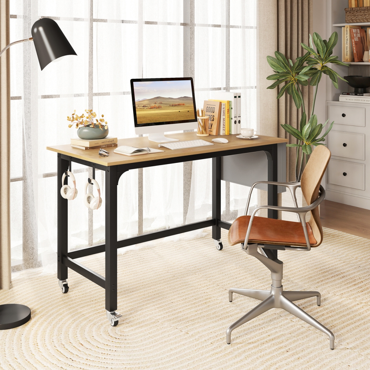 CB11202NA Rolling Computer Desk with Headphone Hooks & Lockable Wheels for Home Office - Natural