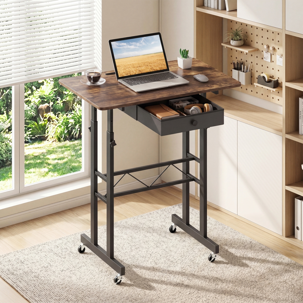CB11284CF Height Adjustable Laptop Desk with Fabric Drawer Tablet Holder & Lockable Wheels - Rustic Brown