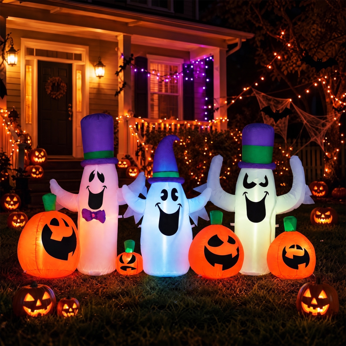 CM25722US 8 ft. Blow Up Cute Ghosts & Pumpkins with Built-In RGB LED Lights for Halloween - Multi Color
