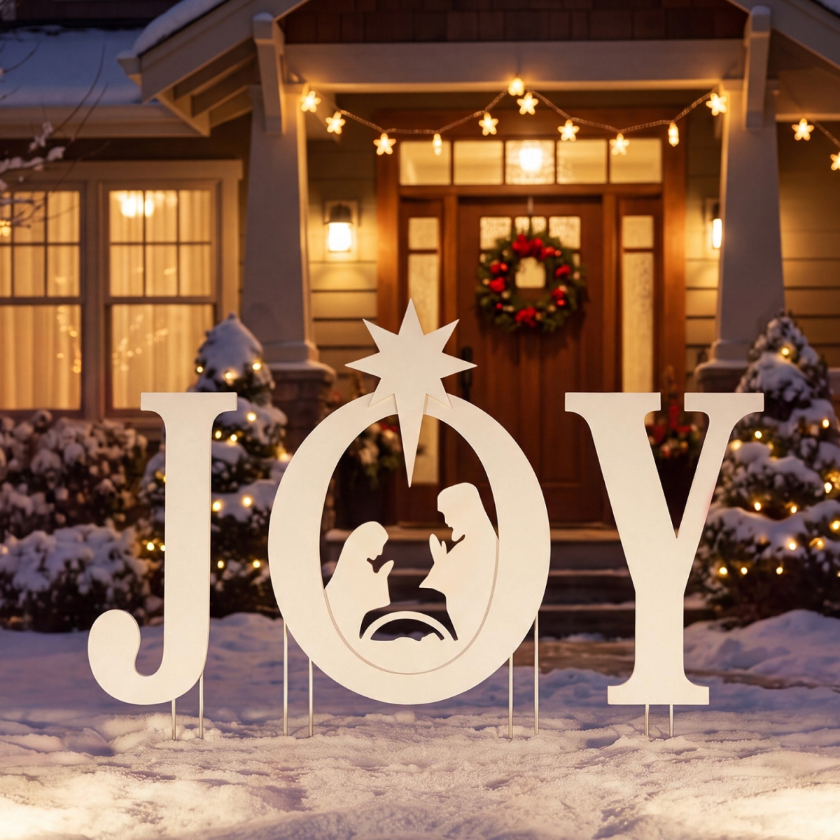 CM25795WH JOY Nativity Christmas Yard Sign Set with Angels for Garden - White - 3 Piece