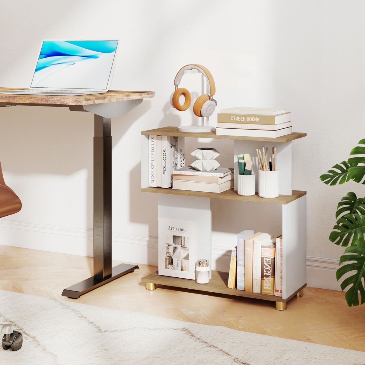 CB11159BS 3-Tier Modern S-Shaped Bookshelf with Adjustable Feet - White