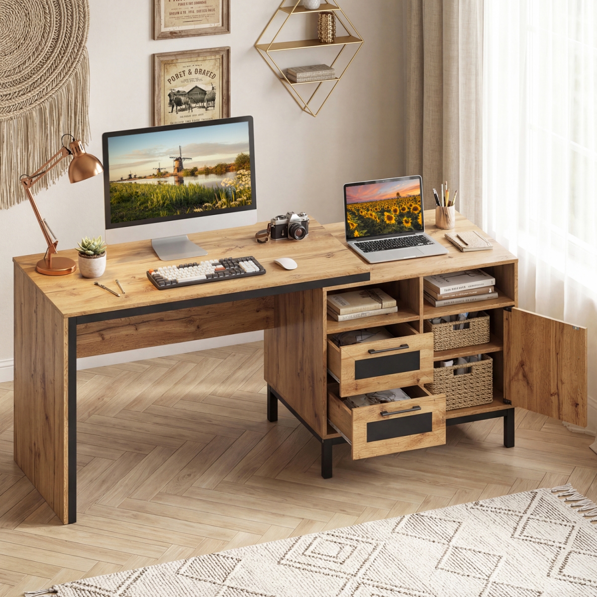 CB11169NA 71 in. Computer Table with Open Compartments & Drawers - Natural