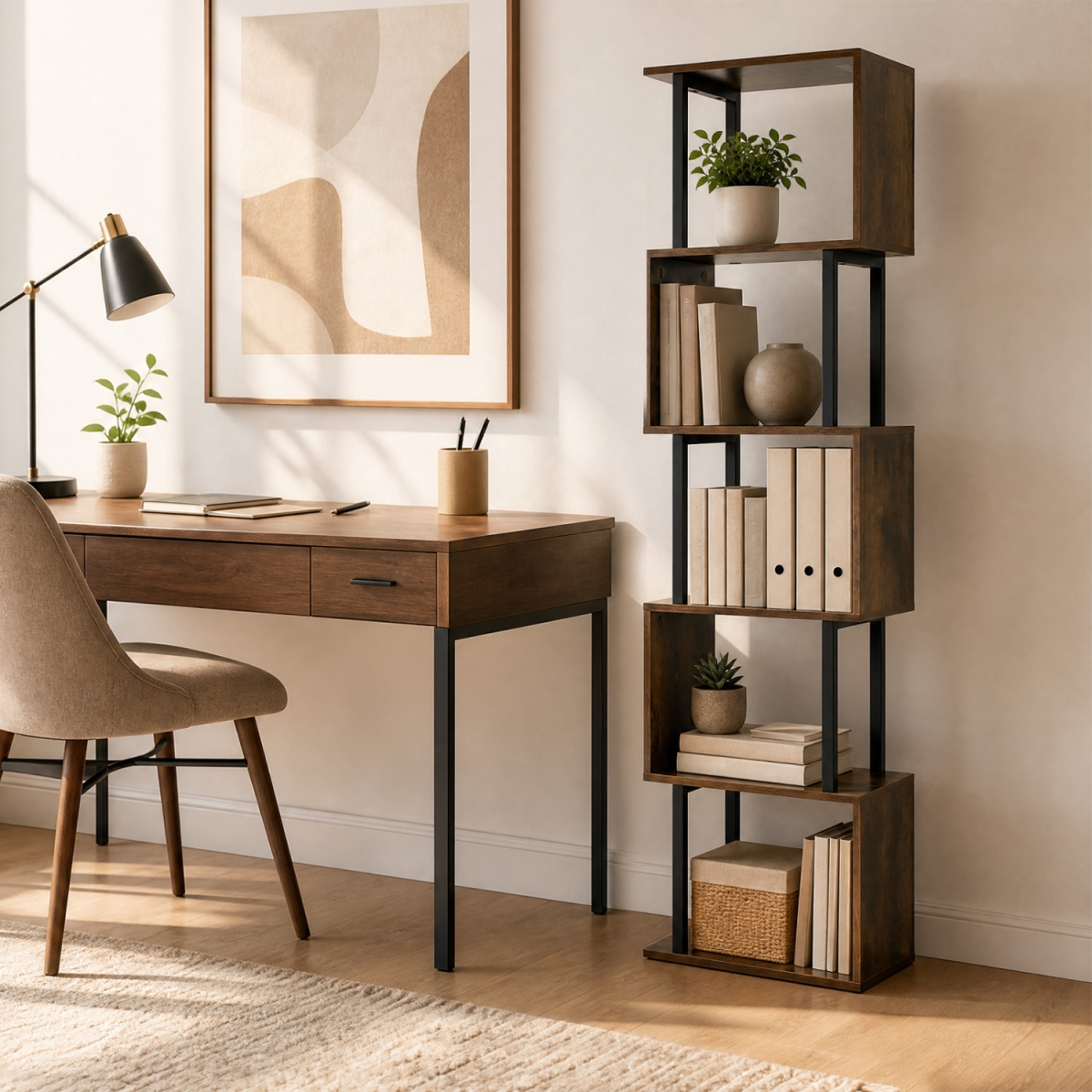 CB11191CF 5-Tier S-Shaped Bookshelf with Open Cubes & Anti-Toppling Kits for Living Room - Rustic Brown